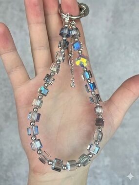 Iridescent Cube Bead Keychain Card Holder Charm - Silver Accents
